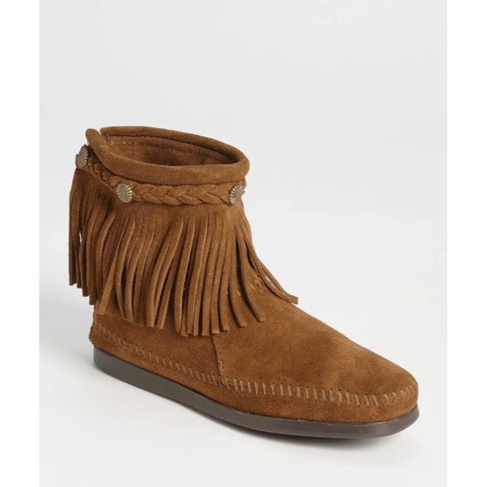 Minnetonka Brown Suede Moccasin Booties Sz 9 Fringe Boots NEW perfect For FALL